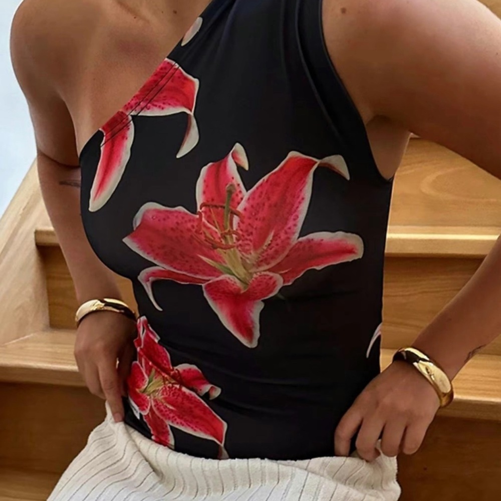 Floral One-Shoulder Top - Black and Red